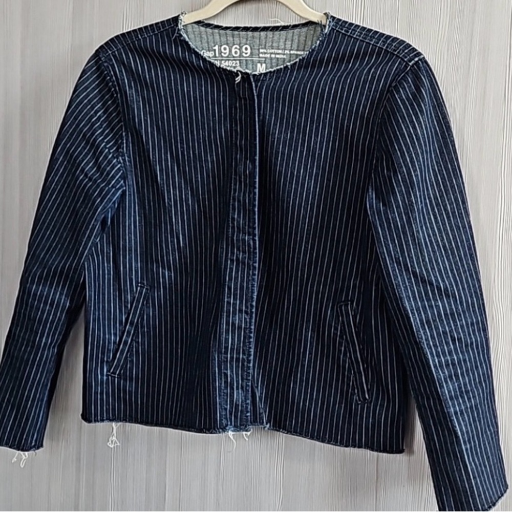 GAP Navy Pinstripe Collarless Jean Jacket